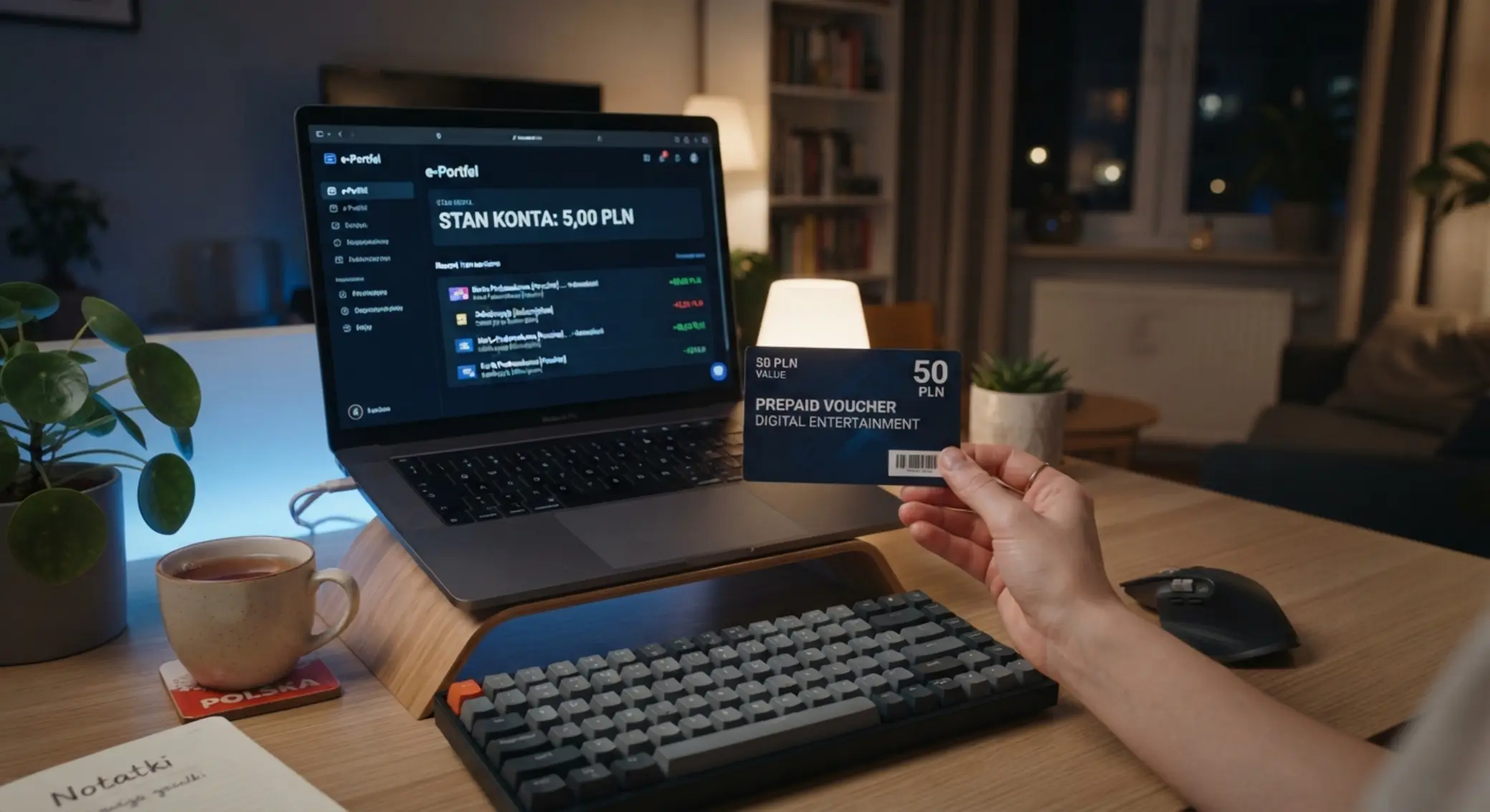 Voucher prepaid i saldo 5 PLN online Ręka z voucherem prepaid obok laptopa z saldem 5 PLN