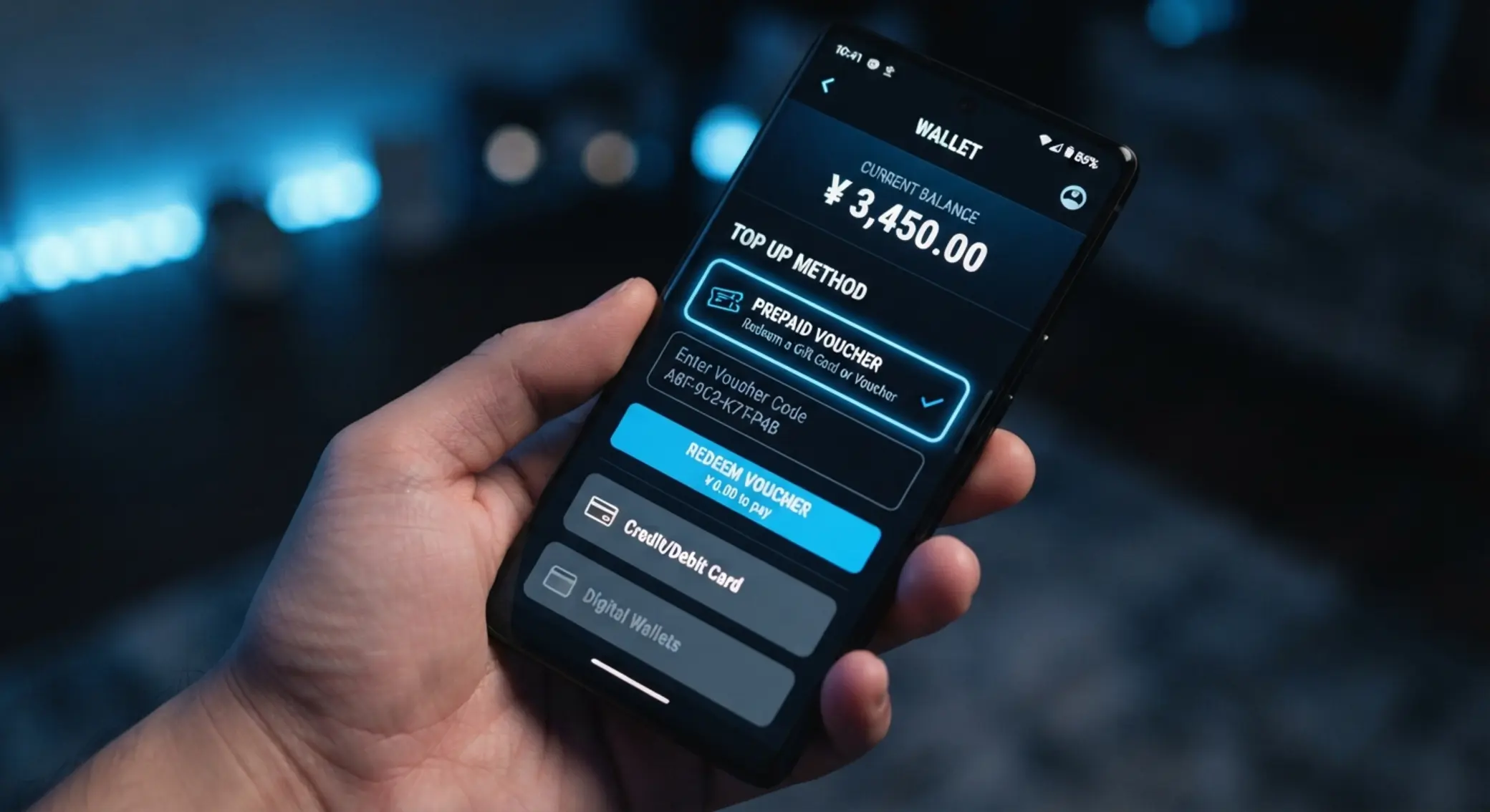 Widok aplikacji mobilnej z wyborem płatności prepaid Ekran telefonu z wyborem płatności prepaid w aplikacji mobilnej