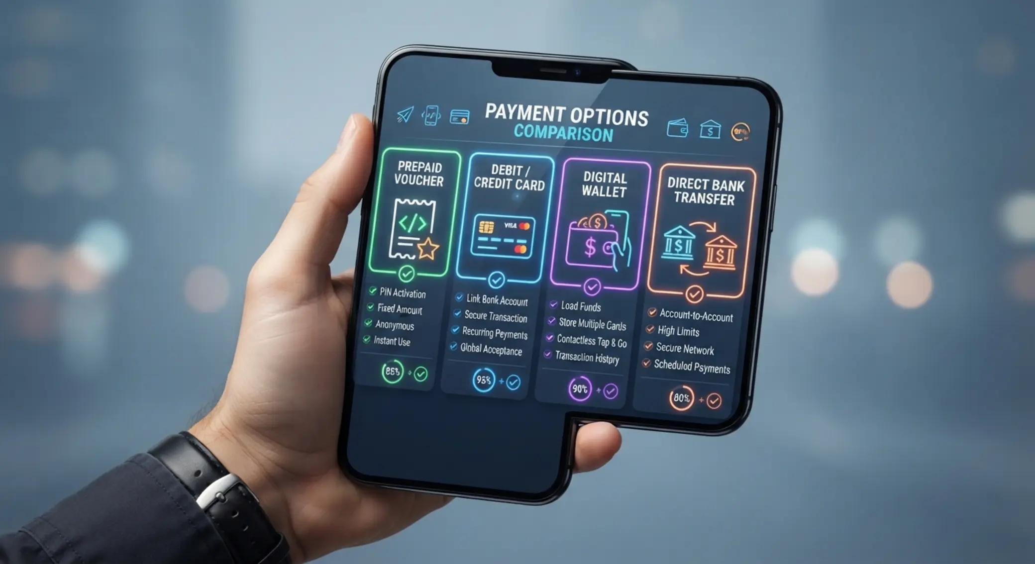 Różne metody płatności mobilnych w jednym widoku Porównanie metod płatności mobilnych na ekranie smartfona