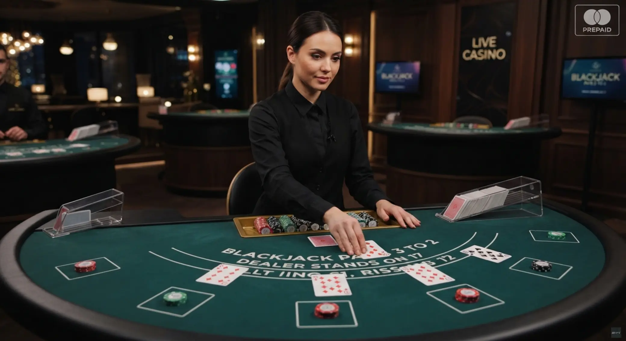 Blackjack na żywo z wpłatą Paysafecard Stół blackjack live z krupierem i subtelnym motywem Paysafecard