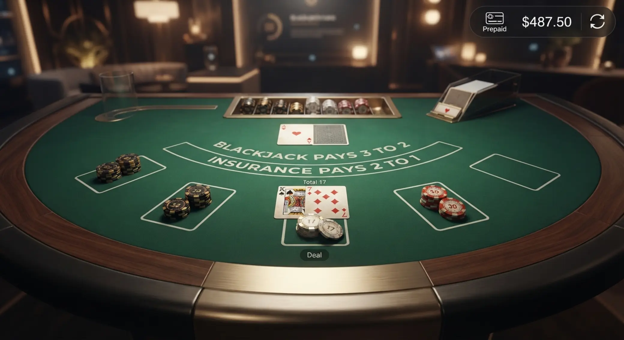 Polecane miejsca do gry w blackjack online Wizualizacja stołu do blackjacka online z motywem Paysafecard