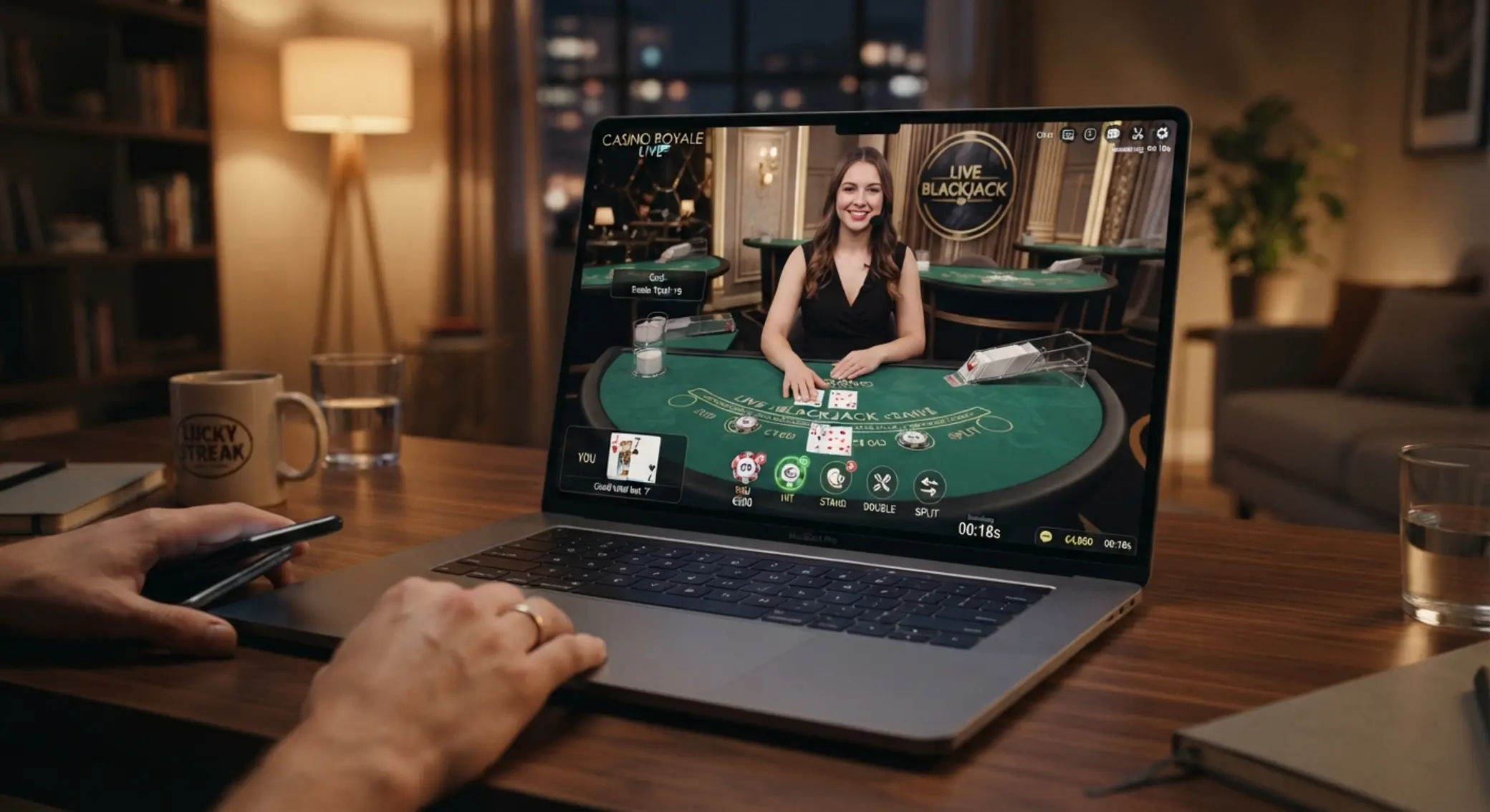 Blackjack na żywo online Scena blackjacka na żywo z krupierem widoczna na ekranie laptopa