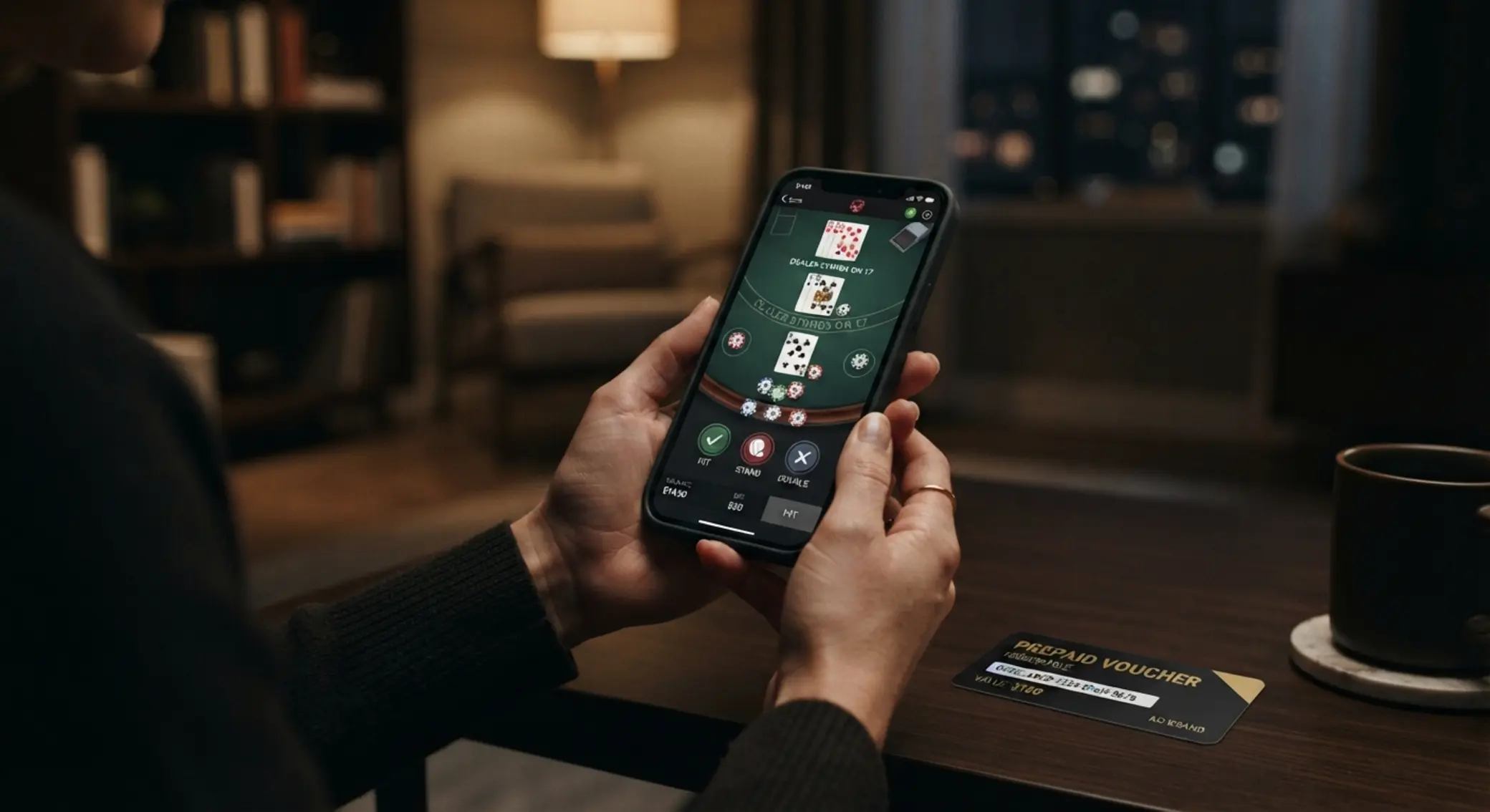 Mobilny blackjack z płatnością przedpłaconą Smartfon z blackjackiem online i neutralnym voucherem przedpłaconym obok