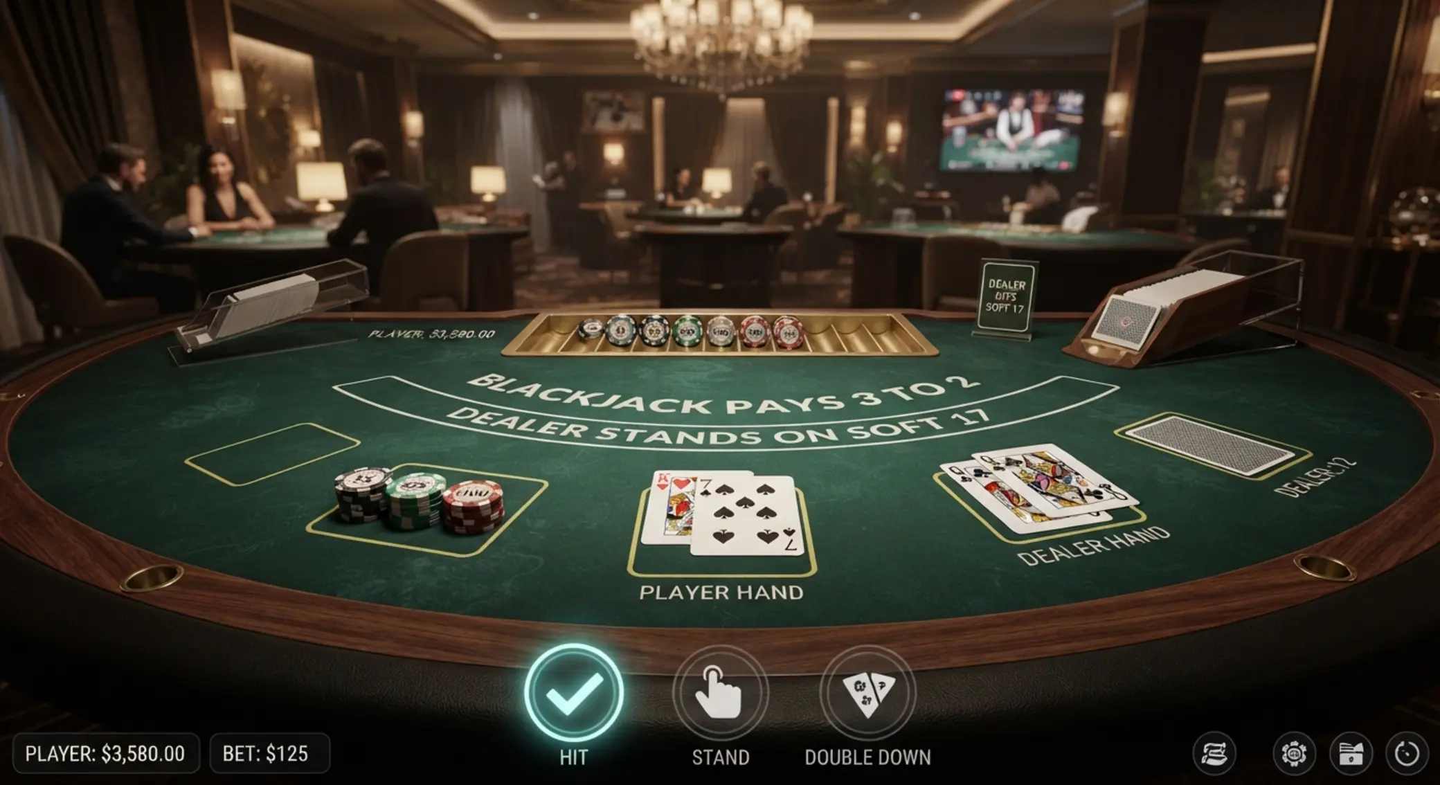 Stół do blackjacka online Ilustracja stołu do blackjacka online z kartami i żetonami
