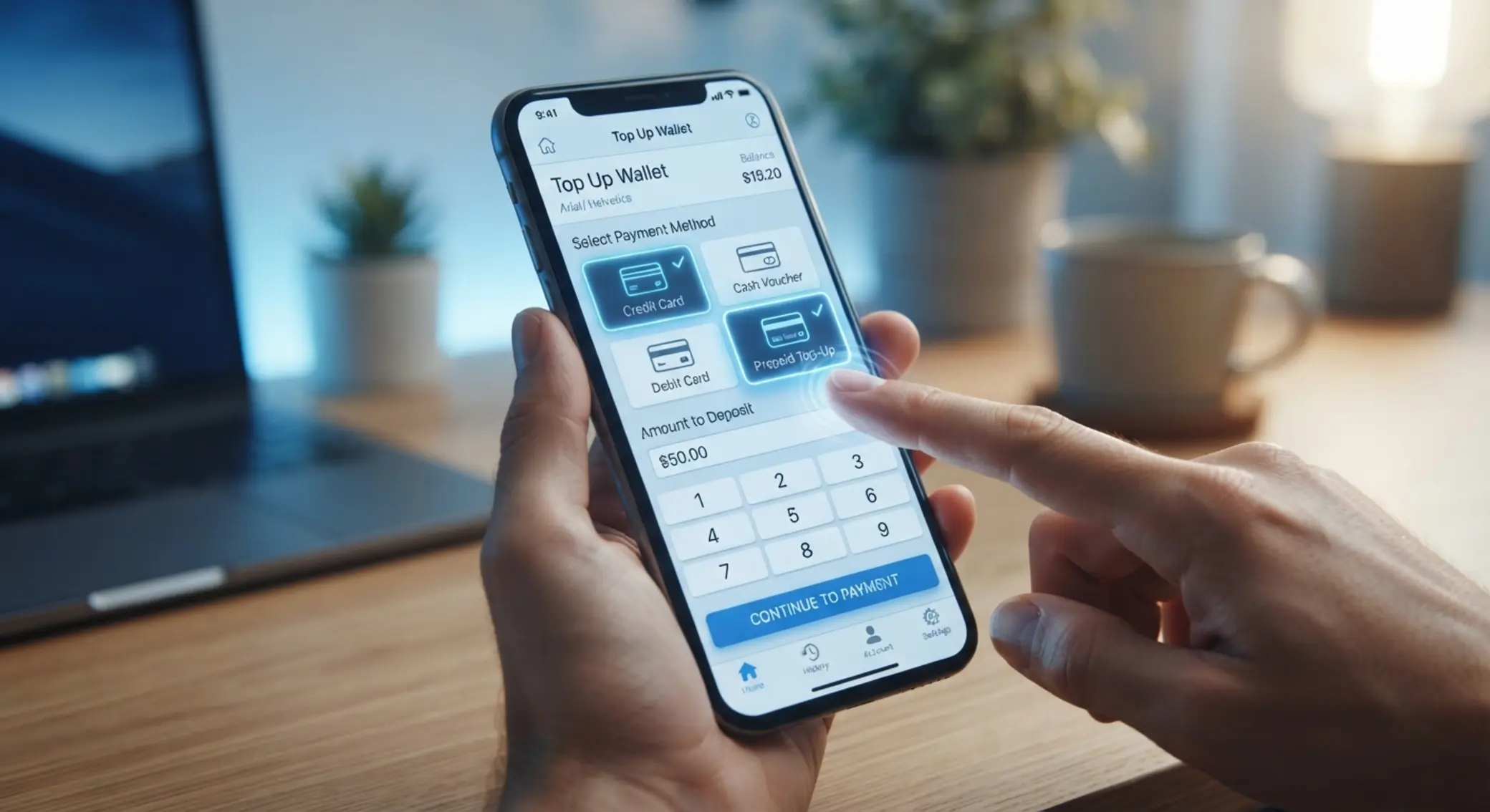 Ekran wpłaty na smartfonie z zaznaczoną metodą prepaid