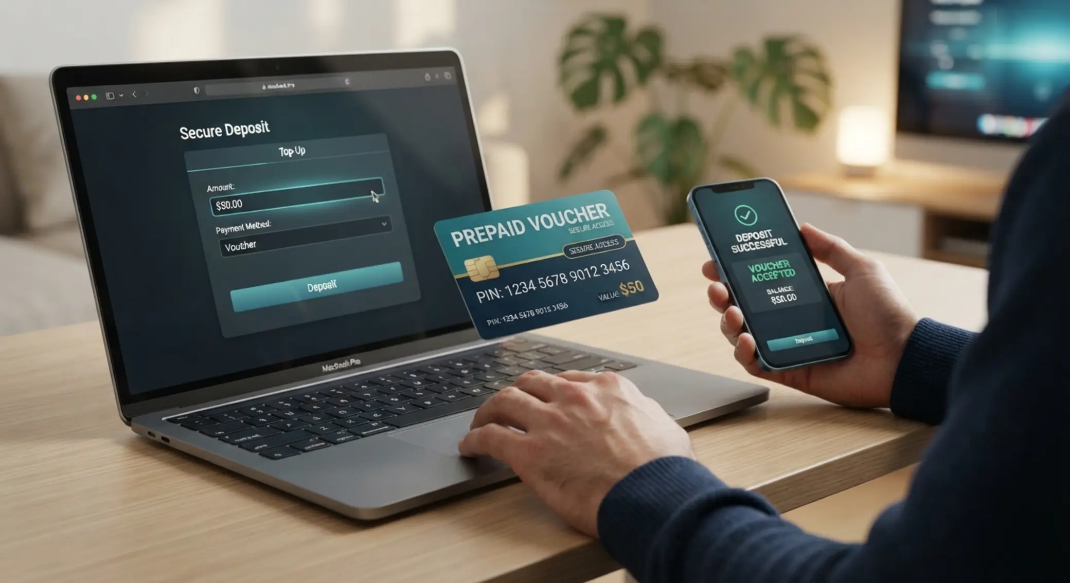 Przedpłacona karta używana do depozytu online na laptopie i telefonie