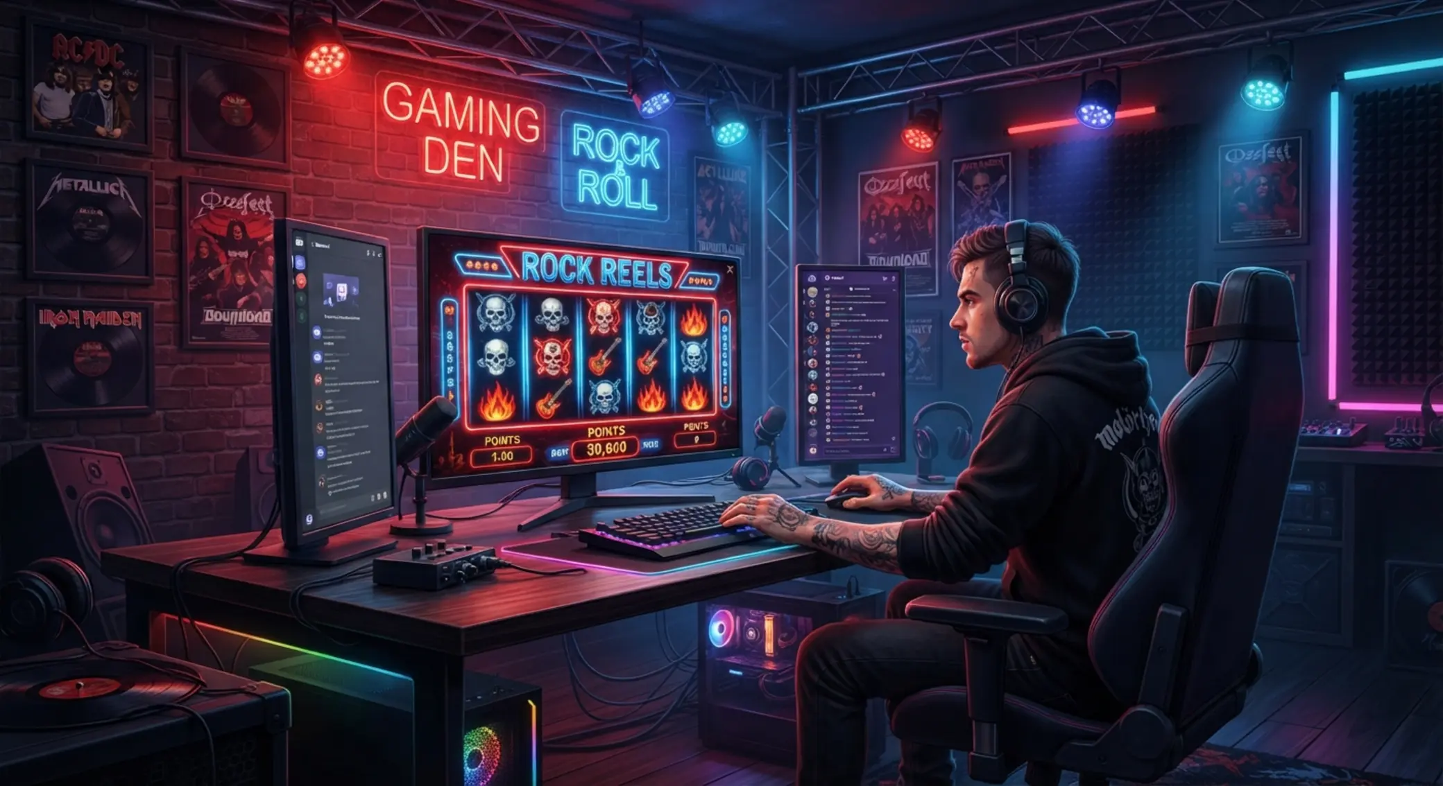 Lobby RollingSlots z rockowym motywem i komputerem gracza