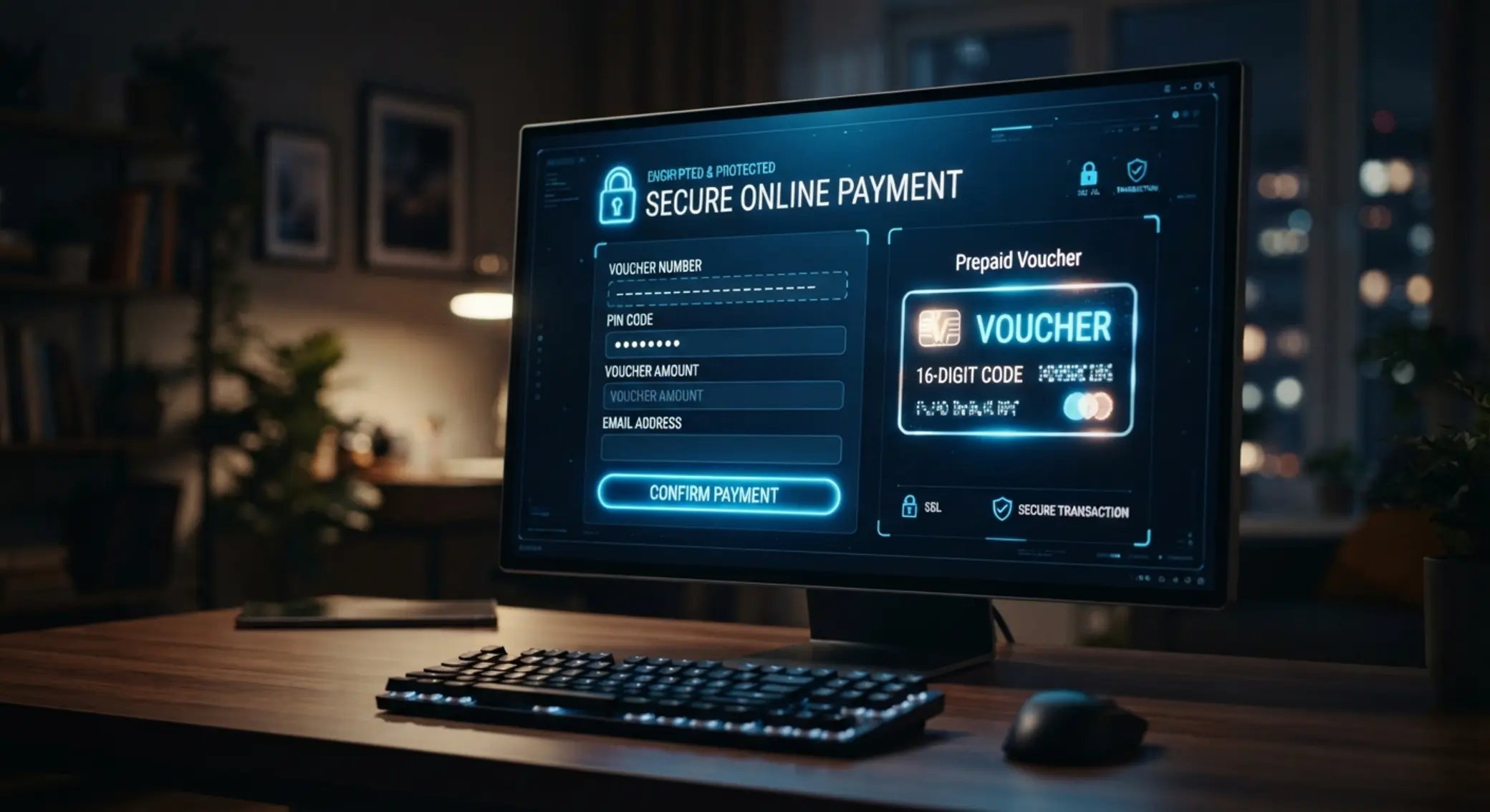 Proces wpłaty Paysafecard w serwisie online Formularz wpłaty online z ikoną vouchera Paysafecard