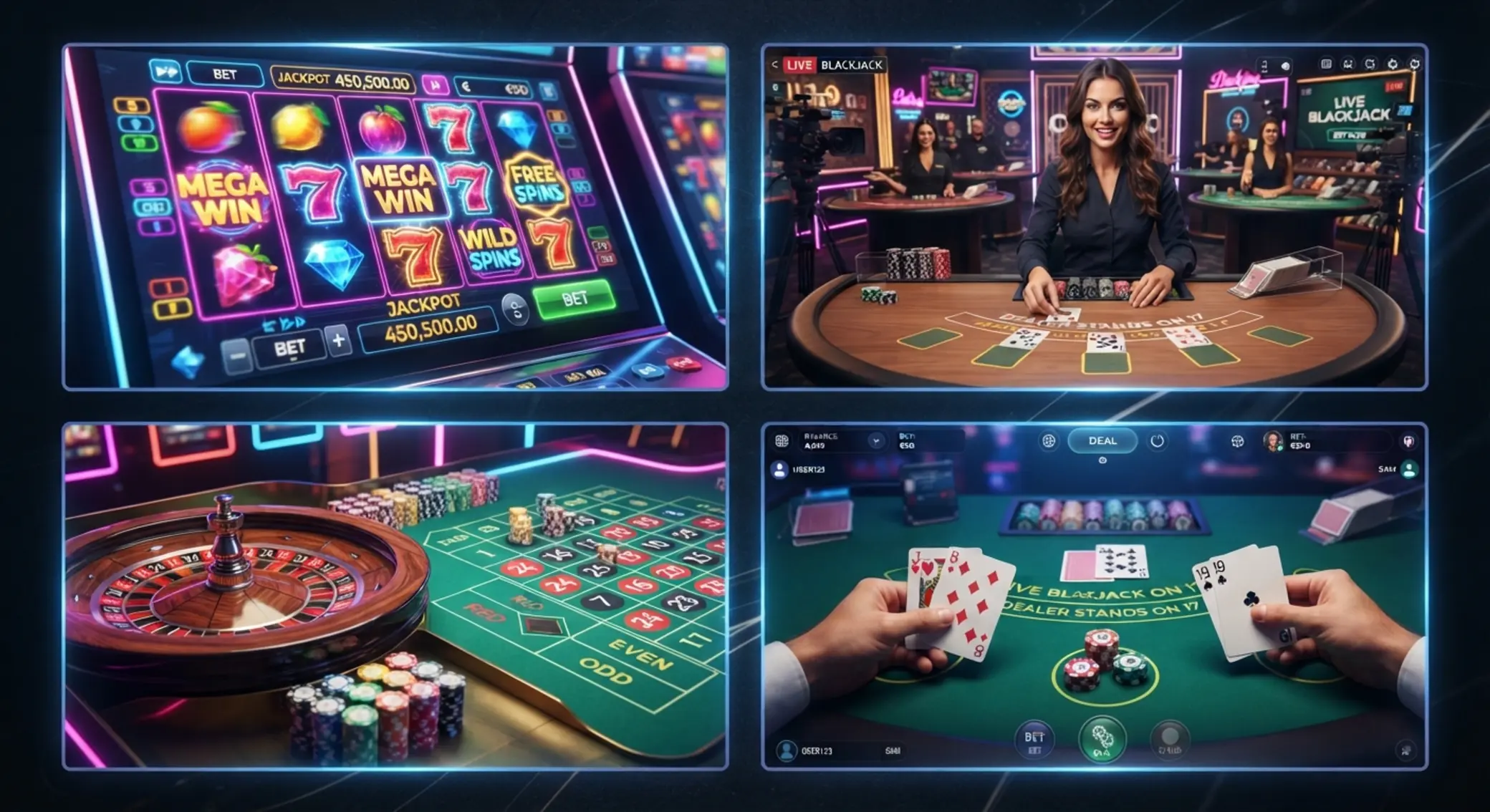 Kategorie gier dostępnych po wpłacie Paysafecard Kolaż różnych typów gier online: sloty, ruletka, blackjack i studio live