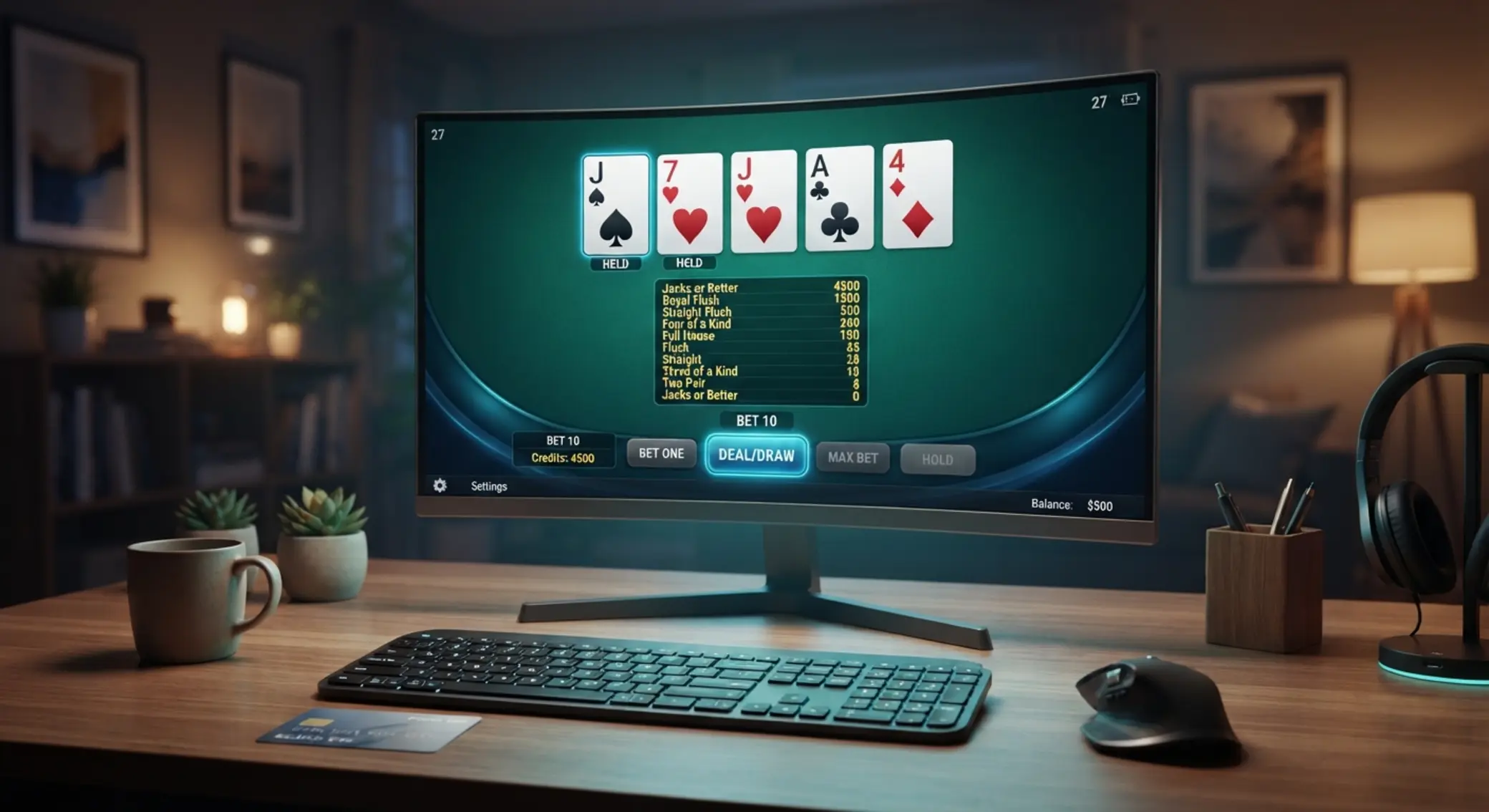 Ekran z rozgrywką video pokera i symboliczna karta prepaid